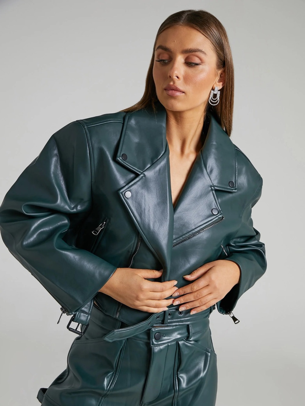 Lioness Forest Green Cropped Leather Biker Jacket
